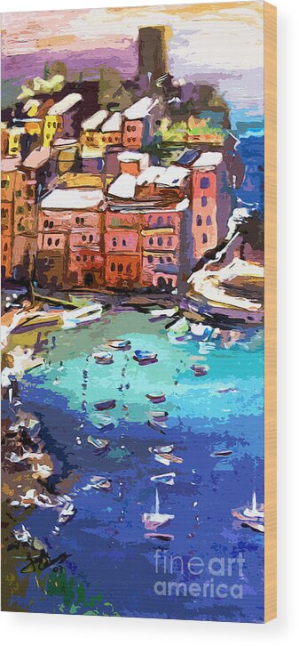 Italy Wood Print featuring the painting Vernazza Italy Cinque Terre Seaside by Ginette Callaway