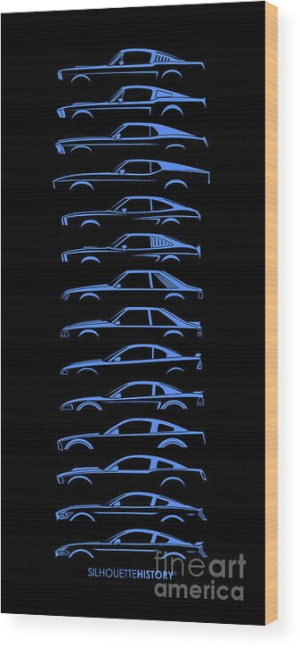 Ford Mustang Wood Print featuring the digital art American Stallion SilhouetteHistory Blue by Gabor Vida