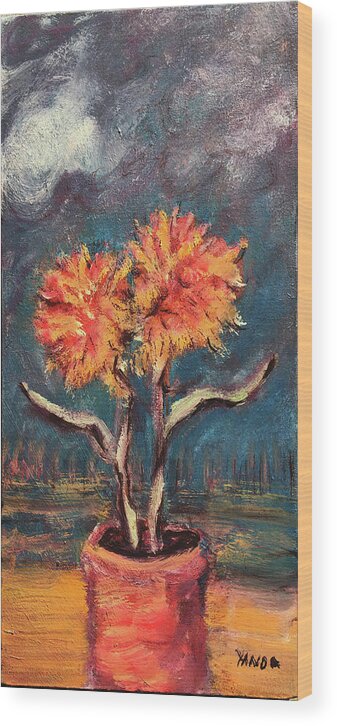Autumn Feathered Petals Planted Vase Soft Clouds Two Flowers Original Art Oil Painting By Katt Yanda Wood Print featuring the painting Autumn Feathered Petals by Katt Yanda