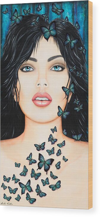Face Wood Print featuring the painting Blue Eyes and Butterflies by Dede Koll