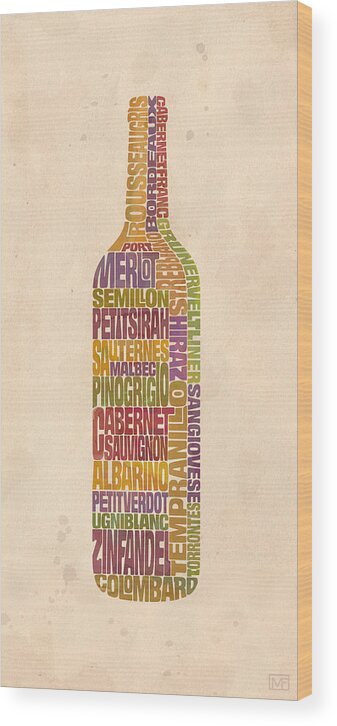 Wine Wood Print featuring the painting Bordeaux Wine Word Bottle by Mitch Frey