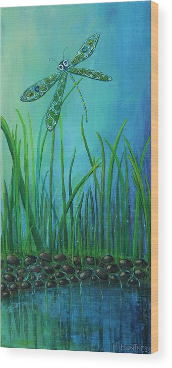 Dragon Fly Wood Print featuring the painting Dragonfly at the Bay by Mindy Huntress