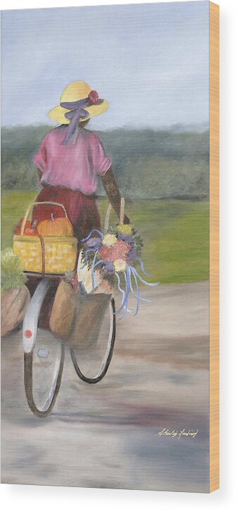 Rural Landscape Of Lady On Bike Wood Print featuring the painting Harvest Finds by Shirley Lawing