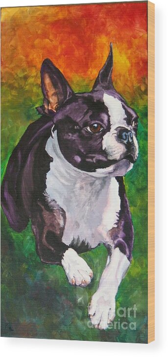 Boston Terrier Wood Print featuring the painting Mach Ellie by Susan Herber
