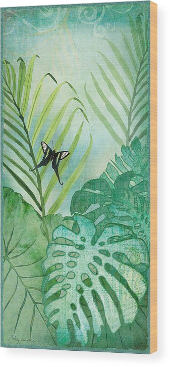 Jungle Wood Print featuring the painting Rainforest Tropical - Philodendron Elephant Ear and Palm Leaves w Botanical Butterfly by Audrey Jeanne Roberts