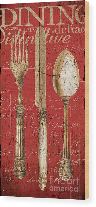 Dining Wood Print featuring the painting Vintage Dining Utensils in Red by Grace Pullen