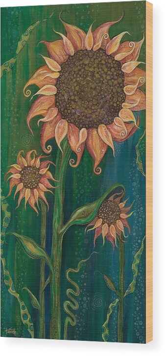 Sunflowers On Green Background Wood Print featuring the painting Vivacious by Tanielle Childers