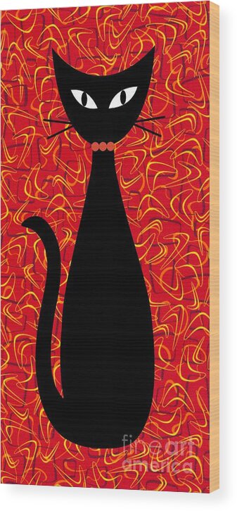Mid Century Modern Wood Print featuring the digital art Boomerang Cat in Red by Donna Mibus