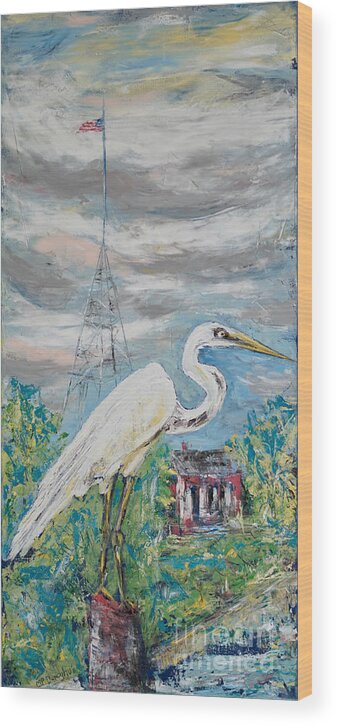 Egret Wood Print featuring the painting Egret Mascot of Coastal Town by Patty Donoghue