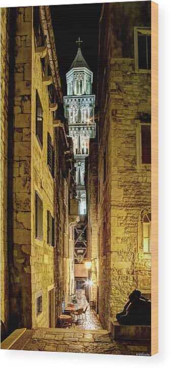 Split Cathedral Wood Print featuring the photograph Split Cathedral from the temple of Jupiter at night Croatia by Weston Westmoreland