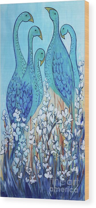 Birds Wood Print featuring the painting Tall Teal Birds by Holly Carmichael