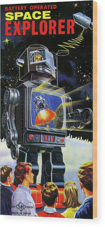 Vintage Toy Posters Wood Print featuring the drawing Battery Operated Space Explorer by Vintage Toy Posters