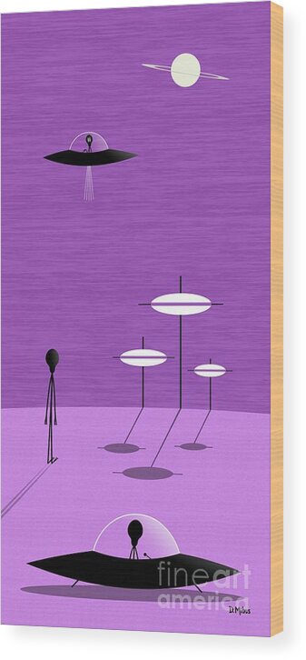 Sci Fi Art Wood Print featuring the digital art Friendly Aliens Visit Purple Planet by Donna Mibus