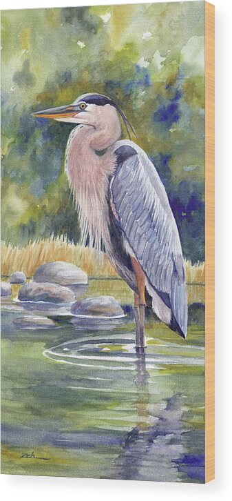 Great Blue Heron Wood Print featuring the painting Great Blue Heron in a Stream I by Janet Zeh