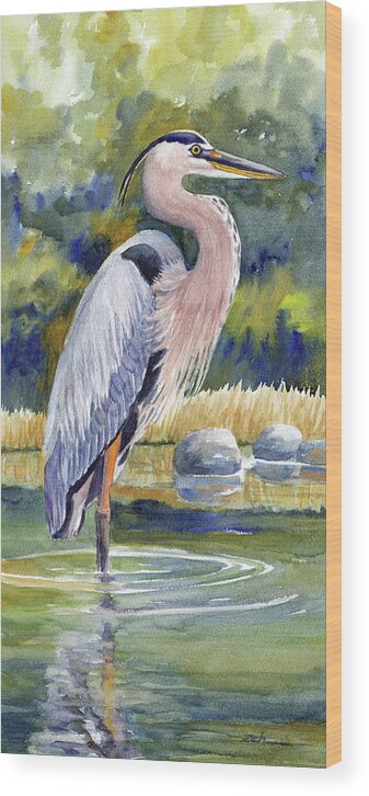Heron Wood Print featuring the painting Great Blue Heron in a Stream II by Janet Zeh