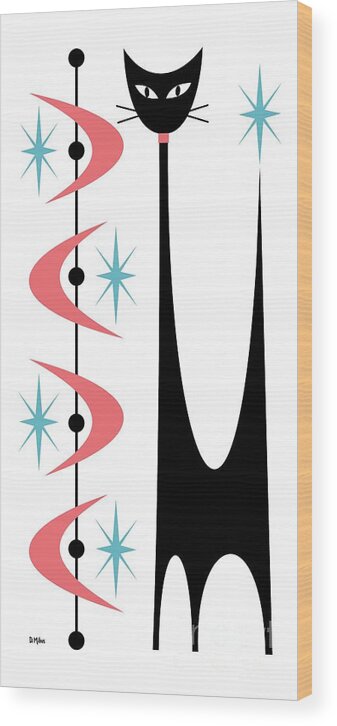 Atomic Cat Wood Print featuring the digital art Tall Atomic Cat Pink Boomerangs by Donna Mibus