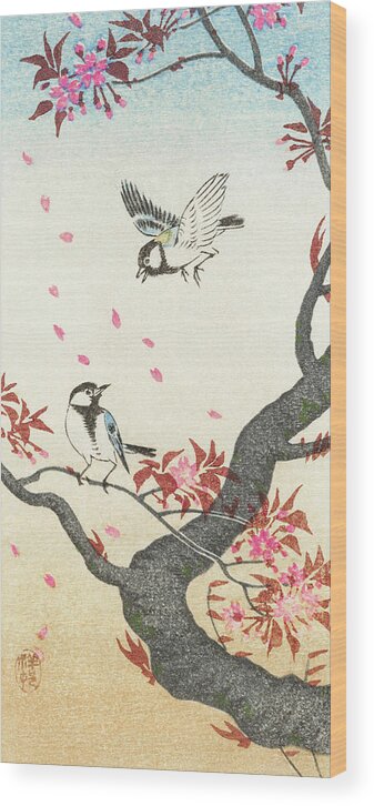 Birds Wood Print featuring the painting Two great tits at blossoming tree by Ohara Koson