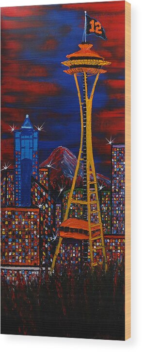  Wood Print featuring the painting Seattle Space Needle's 12th Man #7a by James Dunbar