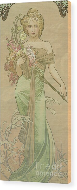 Spring Wood Print featuring the painting Four Seasons Spring, 1900 by Alphonse Marie Mucha