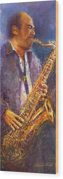 Jazz Wood Print featuring the painting Jazz Saxophonist by Yuriy Shevchuk