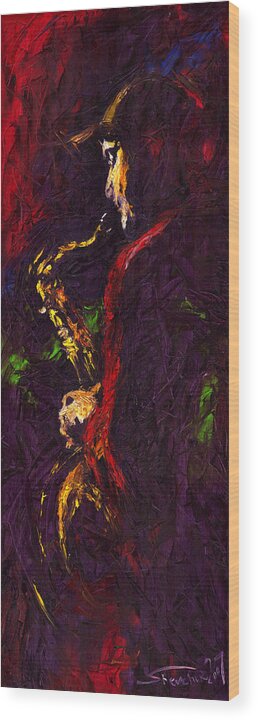 Jazz Wood Print featuring the painting Jazz Red Saxophonist by Yuriy Shevchuk
