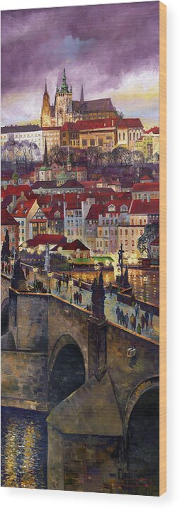 Prague Wood Print featuring the painting Prague Charles Bridge with the Prague Castle by Yuriy Shevchuk