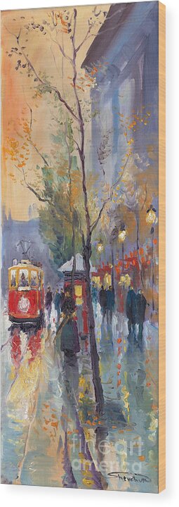 Prague Wood Print featuring the painting Prague Old Tram Vaclavske Square by Yuriy Shevchuk