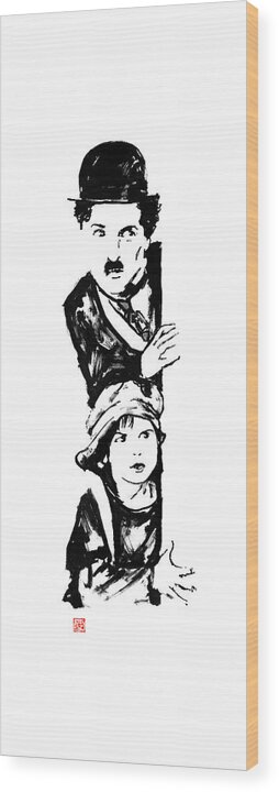 Charlie Chaplin Wood Print featuring the drawing Charlie And The Kid by Pechane Sumie