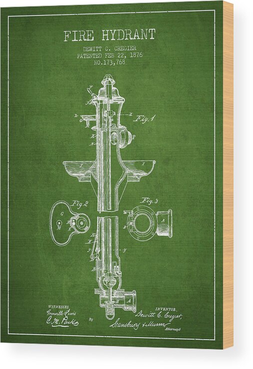 Fireman Wood Print featuring the digital art Fire Hydrant Patent from 1876 - Green by Aged Pixel