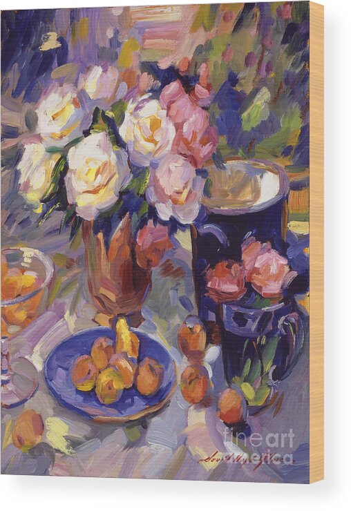 Still Life Wood Print featuring the painting Flowers And Fruit At Montecito by David Lloyd Glover