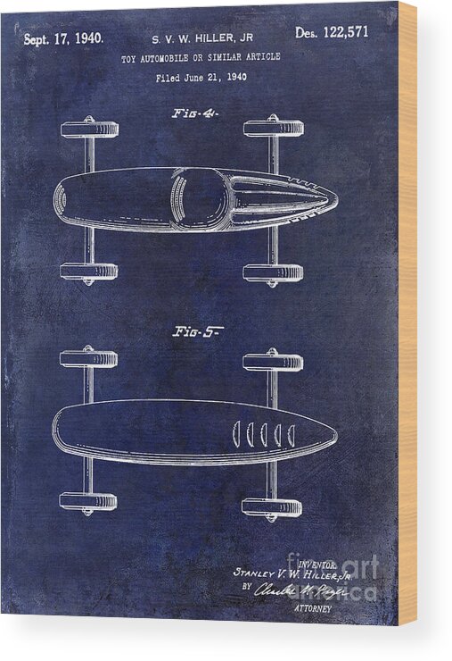 1940 Toy Car Patent Drawing Wood Print featuring the photograph 1940 Toy Car Patent Drawing Blue by Jon Neidert