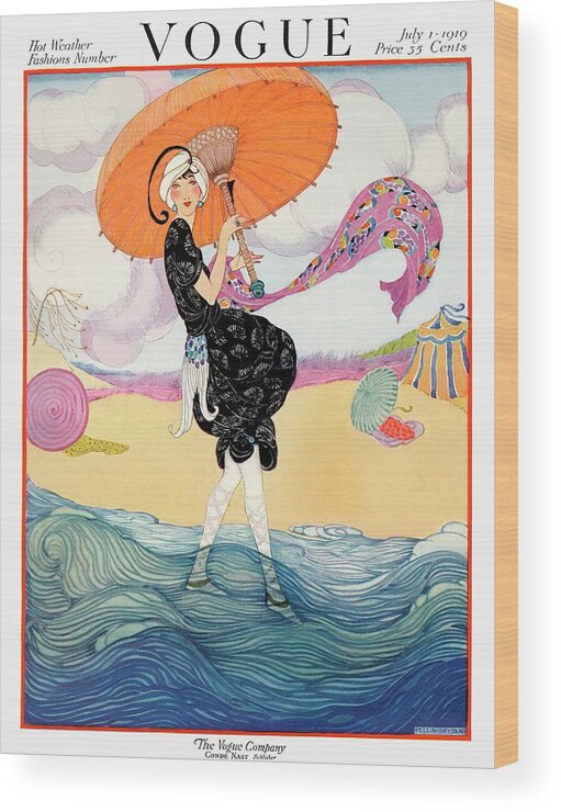 Illustration Wood Print featuring the painting A Vogue Cover Of A Woman On A Beach by Helen Dryden
