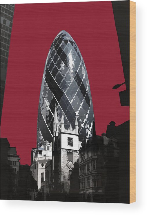 Eye Wood Print featuring the mixed media Gherkin - Blazing RED by BFA Prints