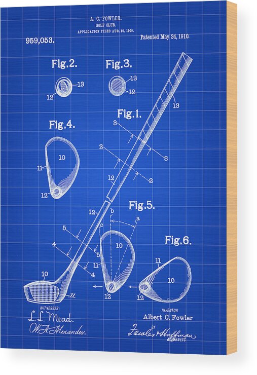 Golf Wood Print featuring the digital art Golf Club Patent 1909 - Blue by Stephen Younts