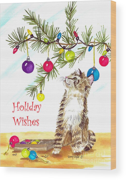Cat Wood Print featuring the painting Kitten's First Christmas #1 by Terry Taylor