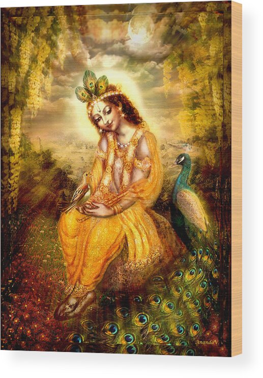 Krishna Wood Print featuring the mixed media Krishna with the Peacock by Ananda Vdovic