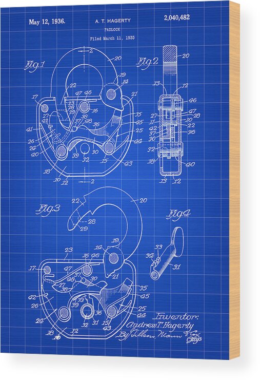 Padlock Wood Print featuring the digital art Padlock Patent 1935 - Blue by Stephen Younts