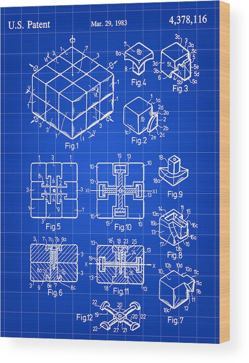 Rubik's Cube Wood Print featuring the digital art Rubik's Cube Patent 1983 - Blue by Stephen Younts