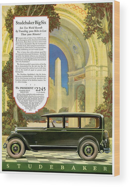 Advertisement Wood Print featuring the drawing Studebaker Big Six - Vintage Car Poster #1 by World Art Prints And Designs