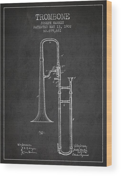 Trombone Wood Print featuring the digital art Trombone Patent from 1902 - Dark by Aged Pixel