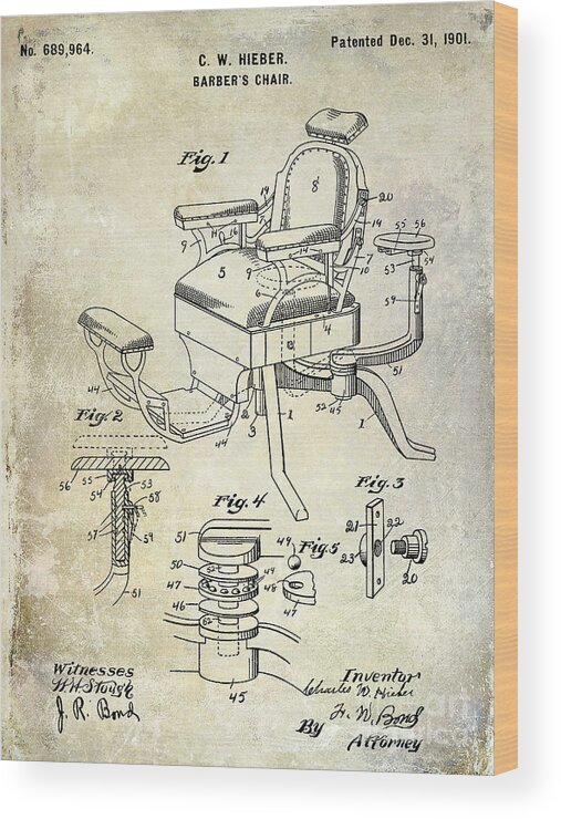 Barber Chair Patent Drawing Blueprint Wood Print featuring the drawing 1901 Barber Chair Patent Drawing by Jon Neidert