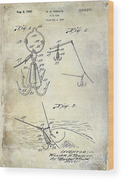 1940 Fishing Gaff Patent Drawing Wood Print by Jon Neidert - Fine
