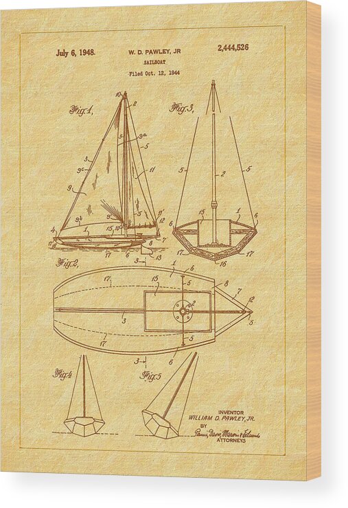 1948 Sailboat Patent Wood Print featuring the photograph 1948 Sailboat Patent Art by Barry Jones