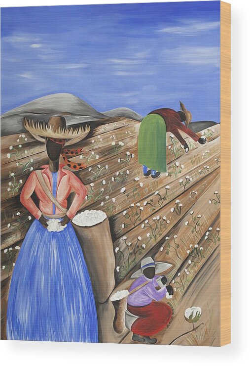 Gullah Art Wood Print featuring the painting Cotton Pickin' Cotton by Patricia Sabreee