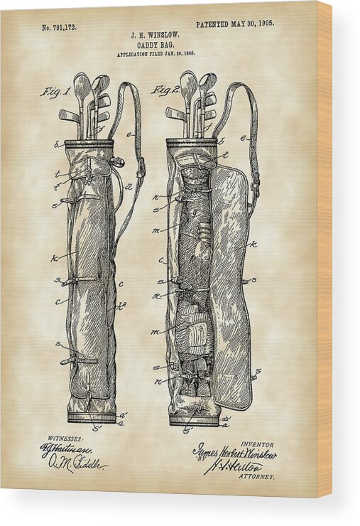 Golf Wood Print featuring the digital art Golf Bag Patent 1905 - Vintage by Stephen Younts