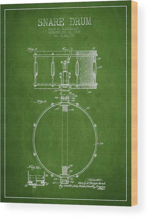 Snare Drum Wood Print featuring the digital art Snare Drum Patent Drawing from 1939 - Green by Aged Pixel