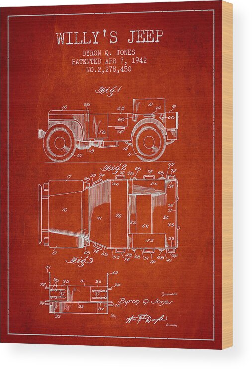 Willy Jeep Wood Print featuring the digital art Vintage Willys Jeep Patent from 1942 #6 by Aged Pixel