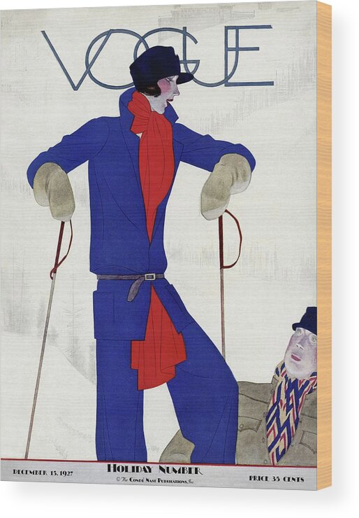 Illustration Wood Print featuring the photograph A Vintage Vogue Magazine Cover Of A Woman #4 by Pierre Mourgue