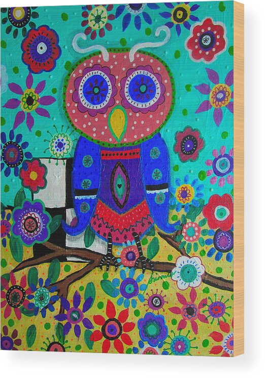 Wise Owl Wood Print featuring the painting Whimsical Wise Owl #4 by Pristine Cartera Turkus