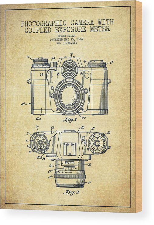 Camera Wood Print featuring the digital art Camera Patent Drawing From 1962 #3 by Aged Pixel